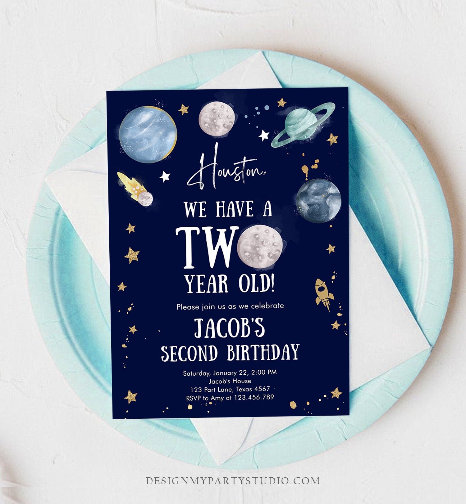 Editable Outer Space 2nd Birthday Invitation Galaxy Houston Two Year O - Design My Party Studio for Free Printable Galaxy Birthday Invitations