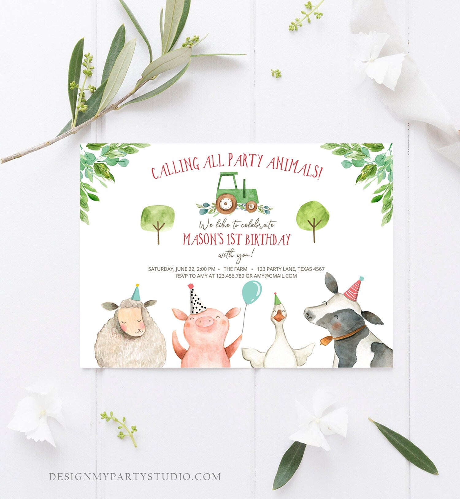 Editable Farm Birthday Invitation Boy Farm Animals Green Tractor Barnyard Barn Birthday Party Animals Digital Evite Template Printable 0155