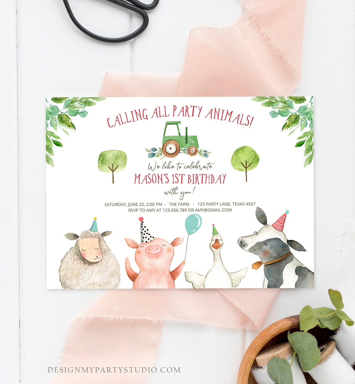 Editable Farm Birthday Invitation Boy Farm Animals Green Tractor Barnyard Barn Birthday Party Animals Digital Evite Template Printable 0155