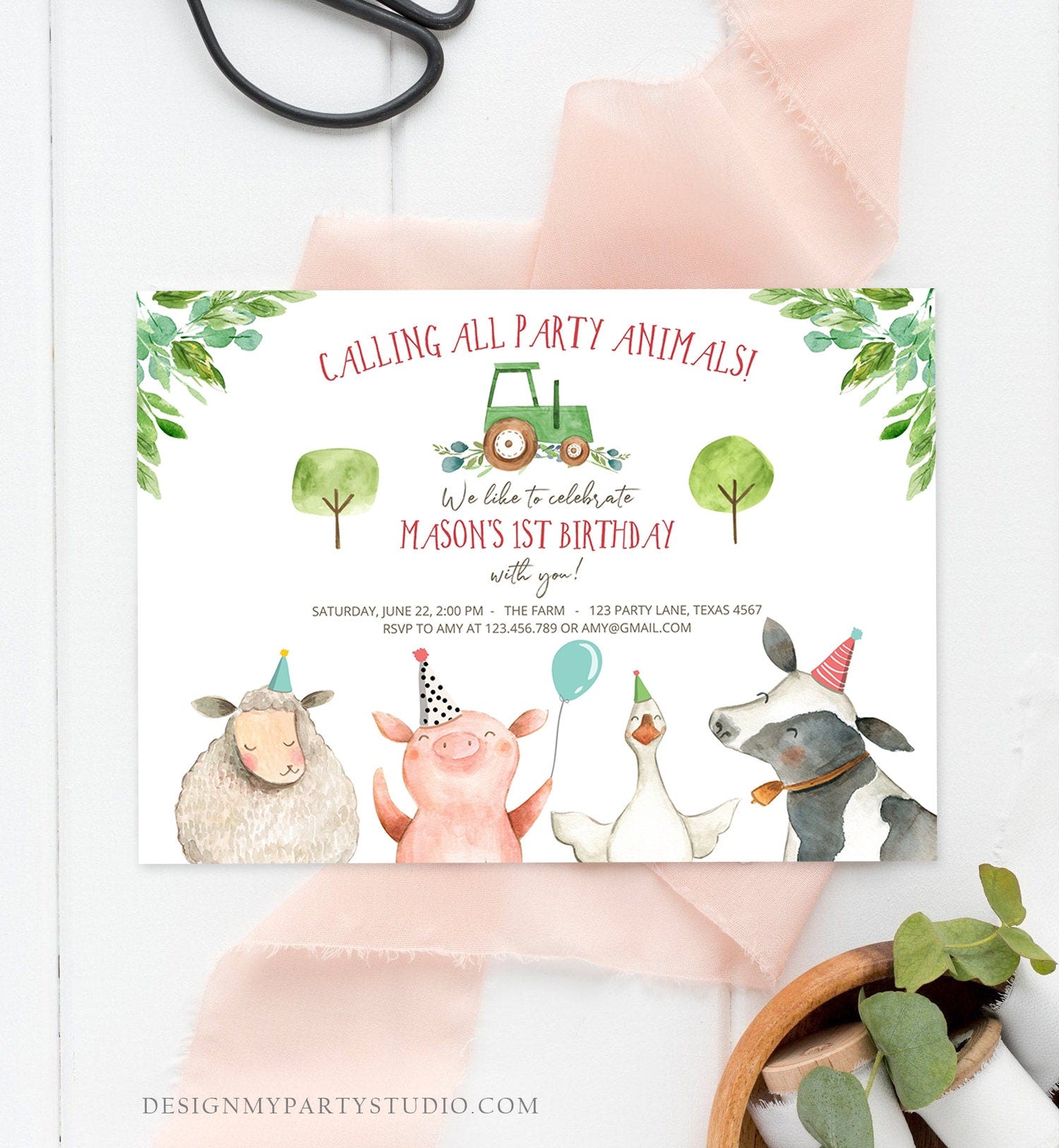 Editable Farm Birthday Invitation Boy Farm Animals Green Tractor Barnyard Barn Birthday Party Animals Digital Evite Template Printable 0155