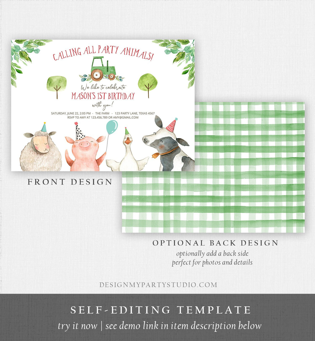 Editable Farm Birthday Invitation Boy Farm Animals Green Tractor Barnyard Barn Birthday Party Animals Digital Evite Template Printable 0155