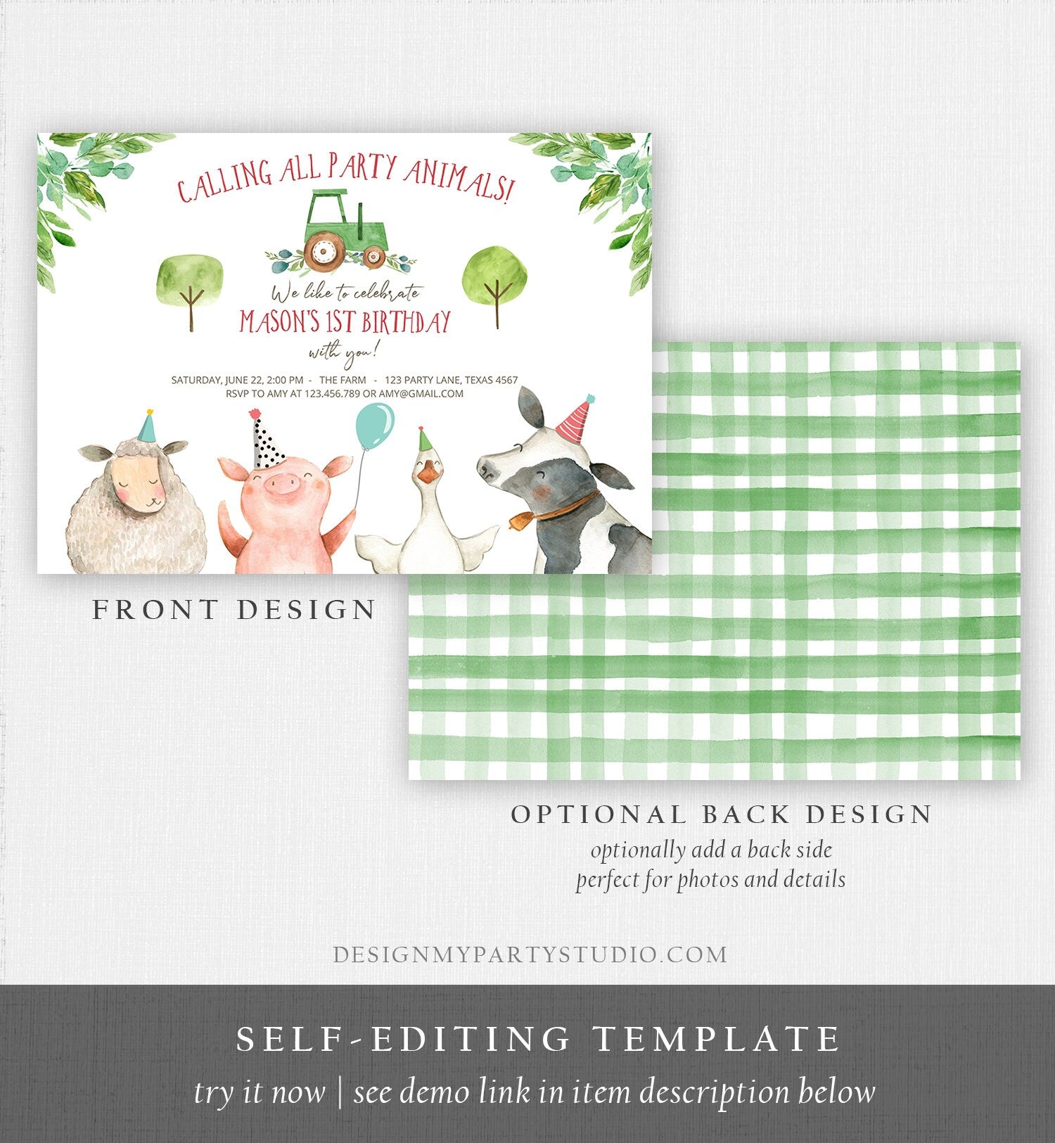 Editable Farm Birthday Invitation Boy Farm Animals Green Tractor Barnyard Barn Birthday Party Animals Digital Evite Template Printable 0155
