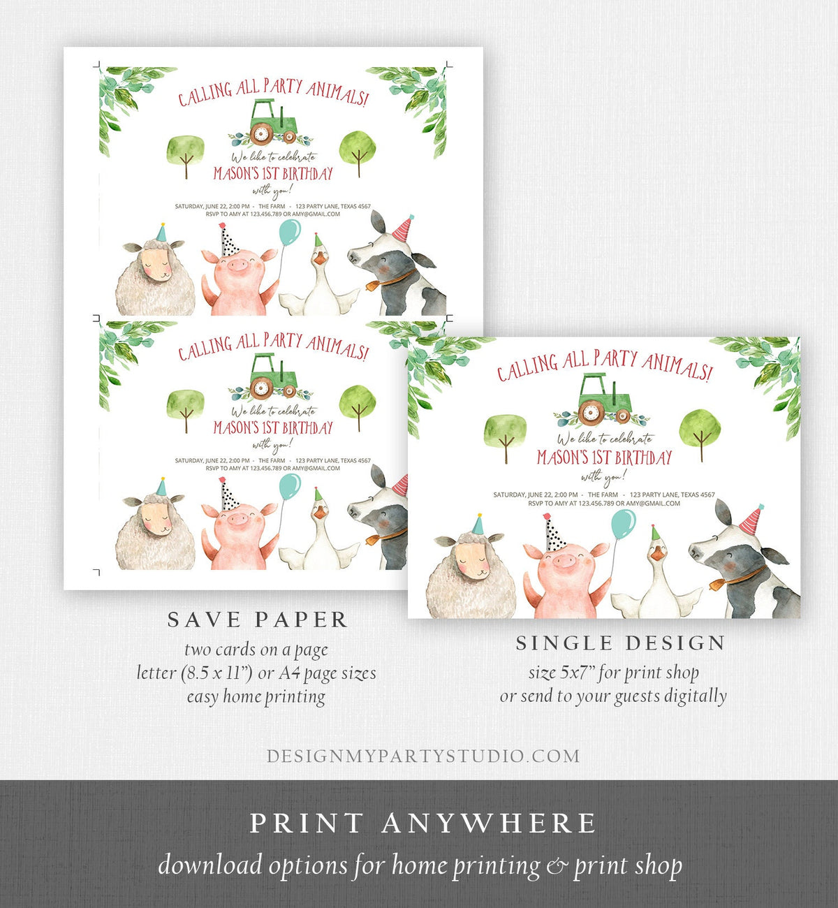 Editable Farm Birthday Invitation Boy Farm Animals Green Tractor Barnyard Barn Birthday Party Animals Digital Evite Template Printable 0155