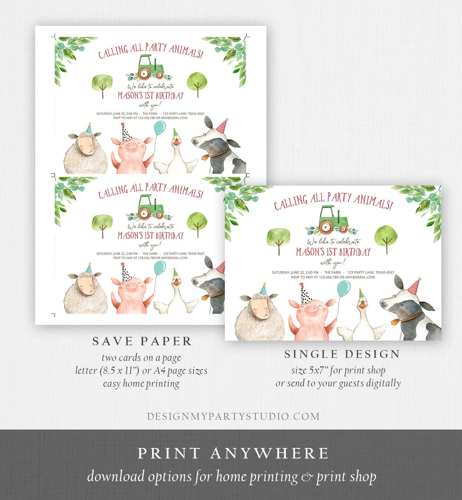 Editable Farm Birthday Invitation Boy Farm Animals Green Tractor Barnyard Barn Birthday Party Animals Digital Evite Template Printable 0155