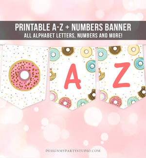 Donut Birthday Banner A-Z Alphabet Numbers Banner Girl Pink Doughnut Party Happy Birthday Decoration Digital Download Printable 0050