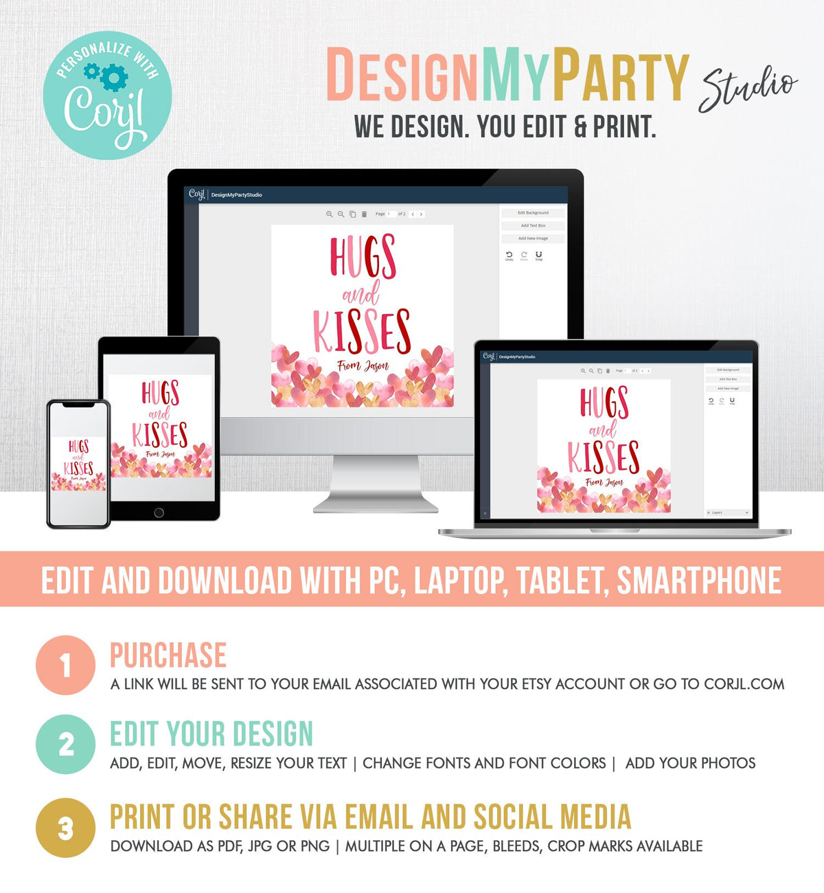 Editable Hugs and Kisses Tag Happy Valentine&#39;s Day Cookies Tag Sticker Kiss Gift Tag Class Gift Instant Download Digital PRINTABLE 0370