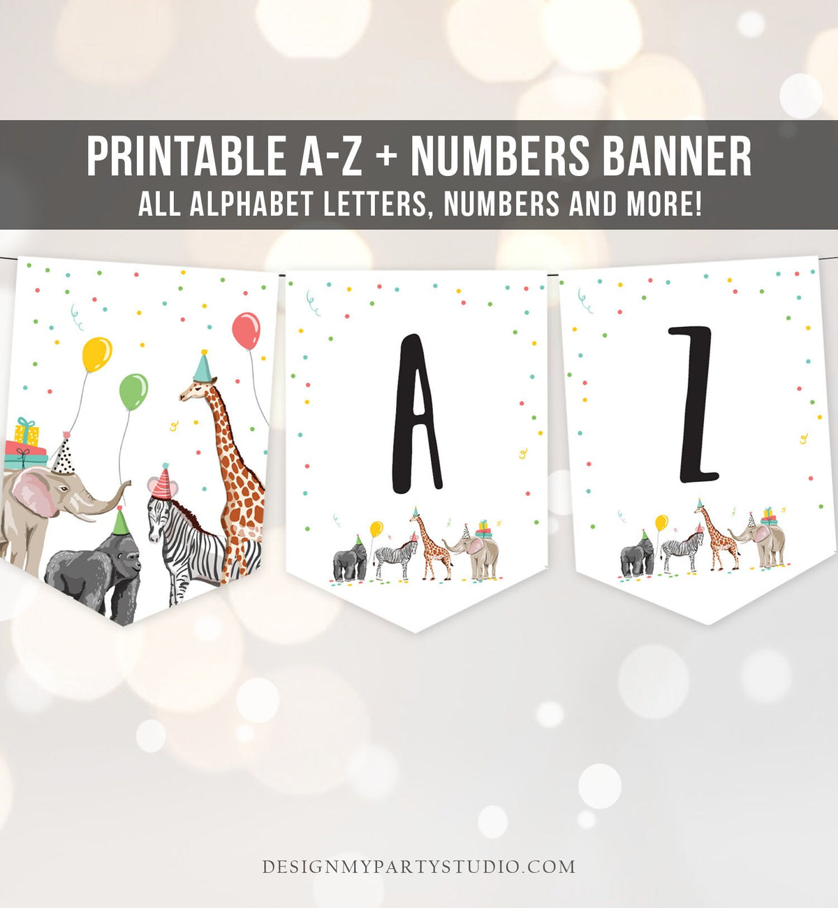 Safari Animals Birthday Banner A-Z Alphabet Numbers Banner First Happy Birthday Banner Girl Boy Neutral Party Animals Decor Printable 0142