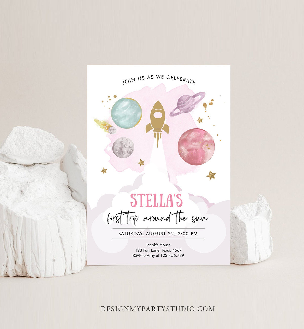 Editable Outer Space Girl First Birthday Invitation Galaxy Blast Off First Trip Around the Sun Pink Digital Evite Template Printable 0357