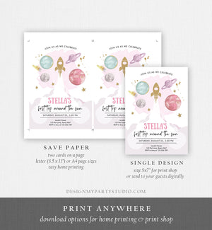 Editable Outer Space Girl First Birthday Invitation Galaxy Blast Off First Trip Around the Sun Pink Download Printable Template Corjl 0357