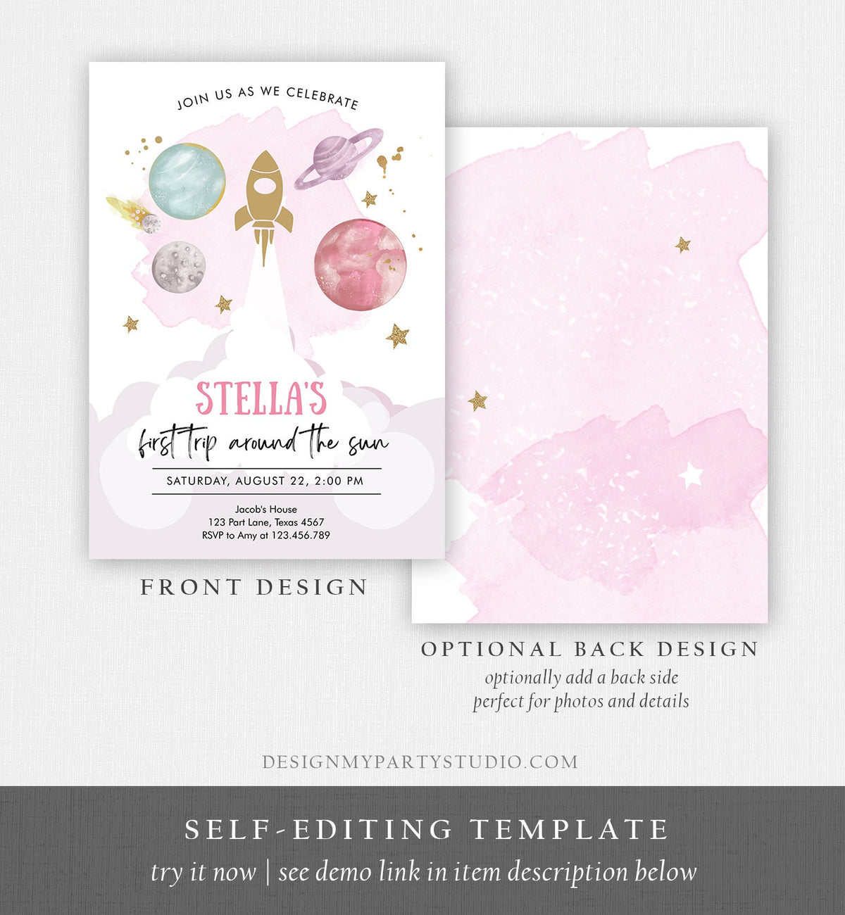 Editable Outer Space Girl First Birthday Invitation Galaxy Blast Off First Trip Around the Sun Pink Digital Evite Template Printable 0357