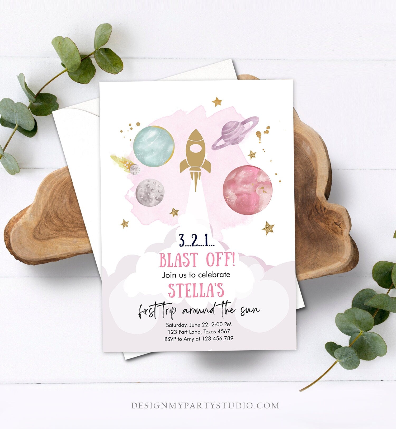 Editable Outer Space Girl First Birthday Invitation Galaxy Blast Off First Trip Space Rocket Pink Digital Download Template Printable 0357