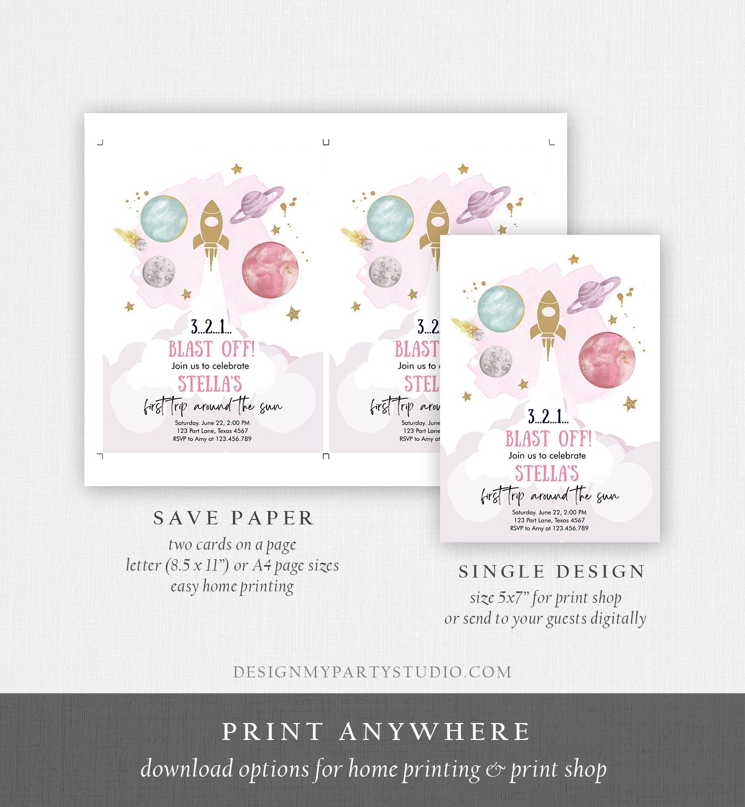 Editable Outer Space Girl First Birthday Invitation Galaxy Blast Off First Trip Space Rocket Pink Digital Download Template Printable 0357