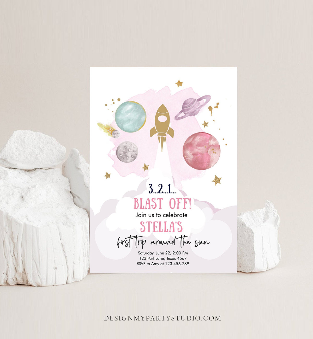Editable Outer Space Girl First Birthday Invitation Galaxy Blast Off First Trip Space Rocket Pink Digital Download Template Printable 0357
