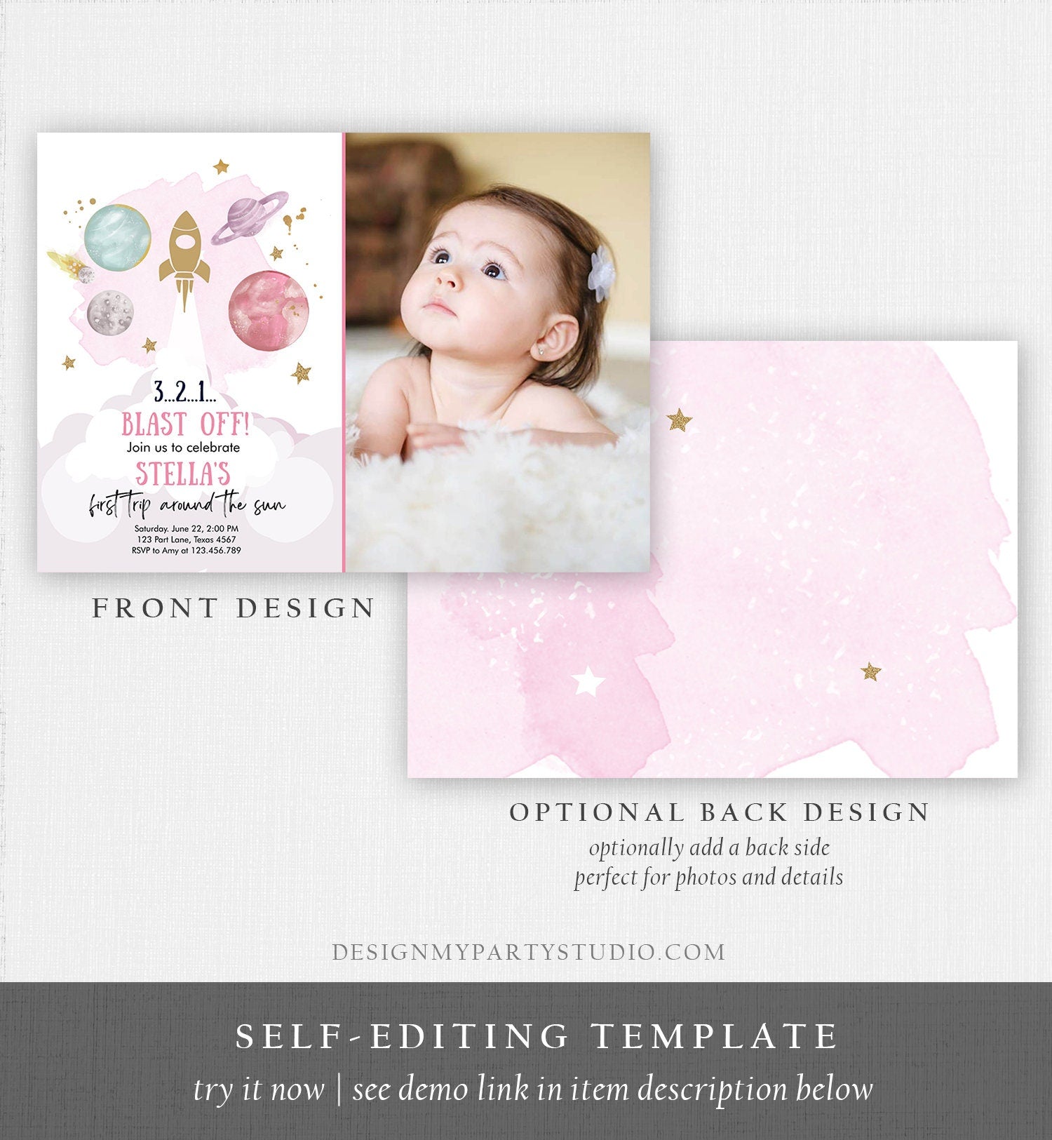 Editable Outer Space Girl First Birthday Invitation Galaxy Blast Off First Trip Space Rocket Pink Download Evite Template Printable 0357