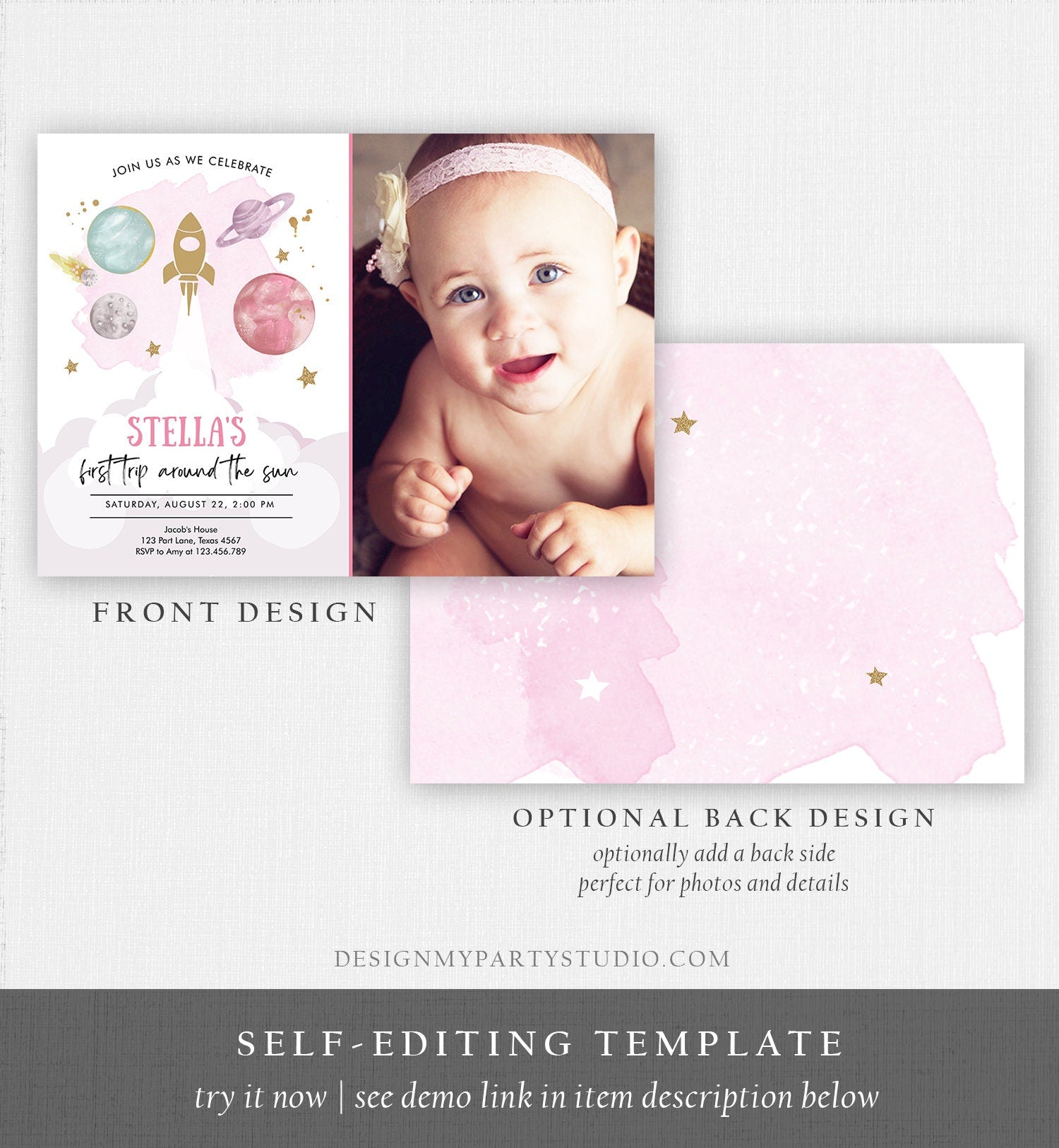 Editable First Trip Around the Sun Birthday Invitation Outer Space Girl Galaxy Blast Off Pink Digital Download Evite Template Printable 0357