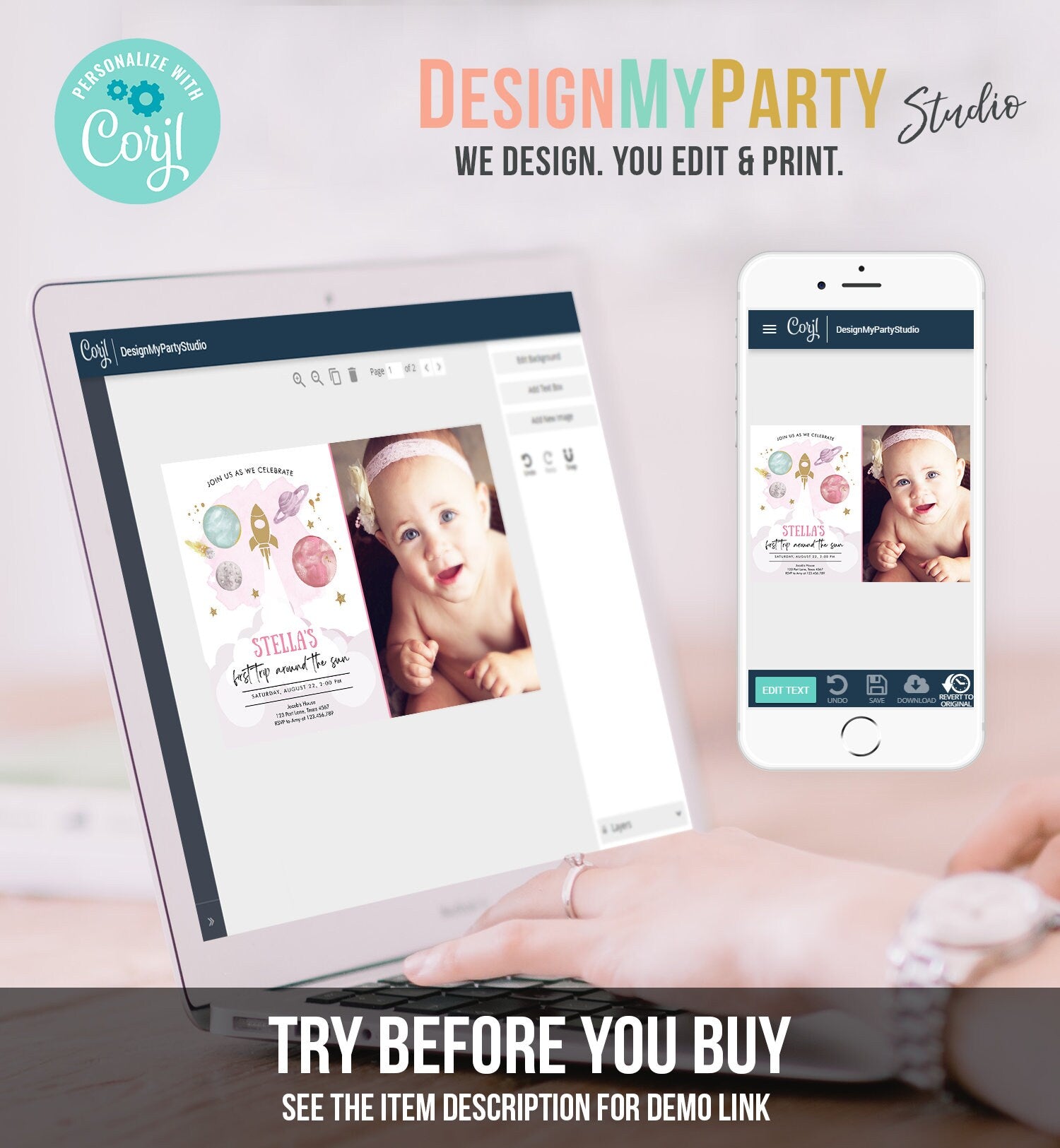 Editable First Trip Around the Sun Birthday Invitation Outer Space Girl Galaxy Blast Off Pink Digital Download Evite Template Printable 0357