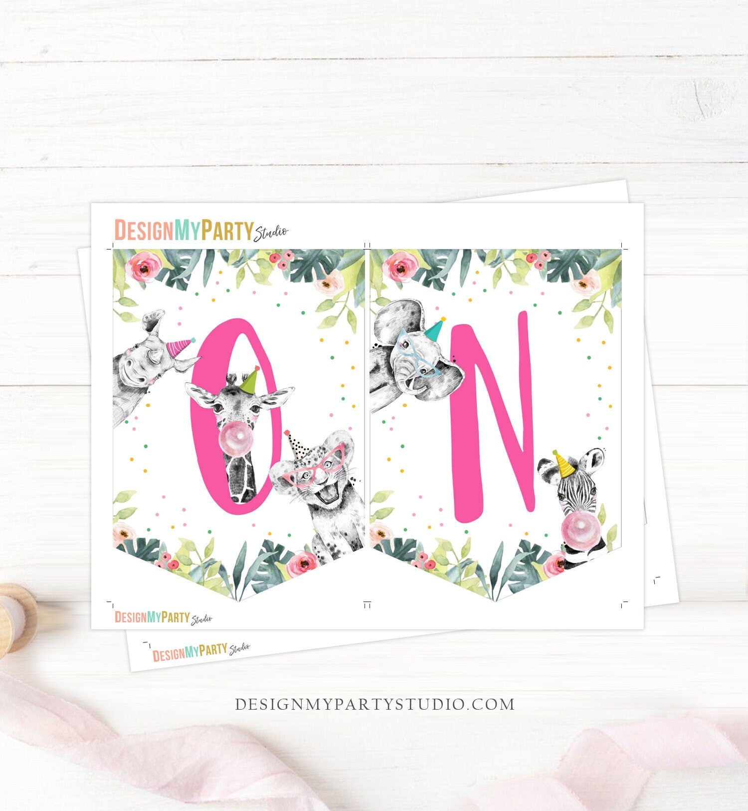 High Chair Banner Safari Animals Pink Party Animals Wild One Birthday Girl Zoo Decorations ONE banner Girl download PRINTABLE DIGITAL 0322