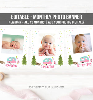 Editable Happy Camper Birthday Banner Monthly Photo Banner Glamping Party Camping Pink Girl Digital Download Corjl Template Printable 0342