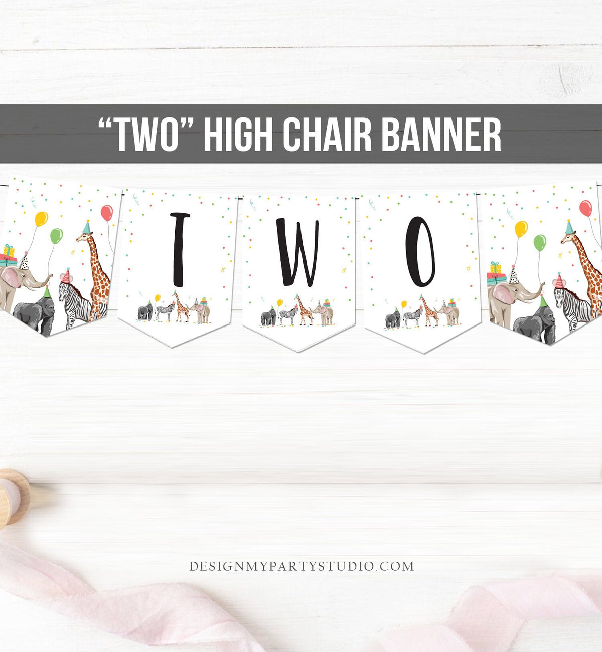 High Chair Banner Two Party Animals Safari Animals Birthday Banner 2nd Birthday Second Birthday Decor Girl Zoo Download Printable 0142