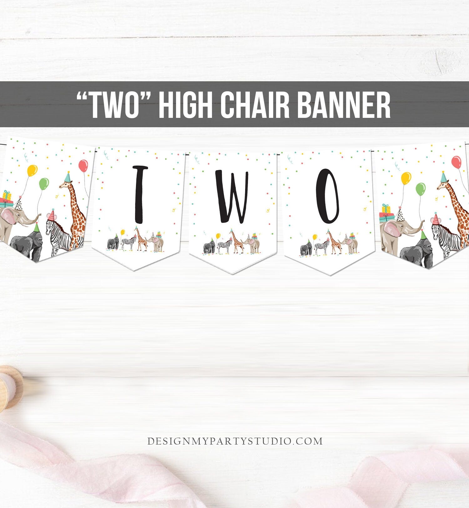 High Chair Banner Two Party Animals Safari Animals Birthday Banner 2nd Birthday Second Birthday Decor Girl Zoo Download Printable 0142