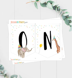 High Chair ONE Birthday Banner Party Animals Safari Animals Wild One First Birthday 1st Decorations Boy Girl Zoo Download Printable 0142