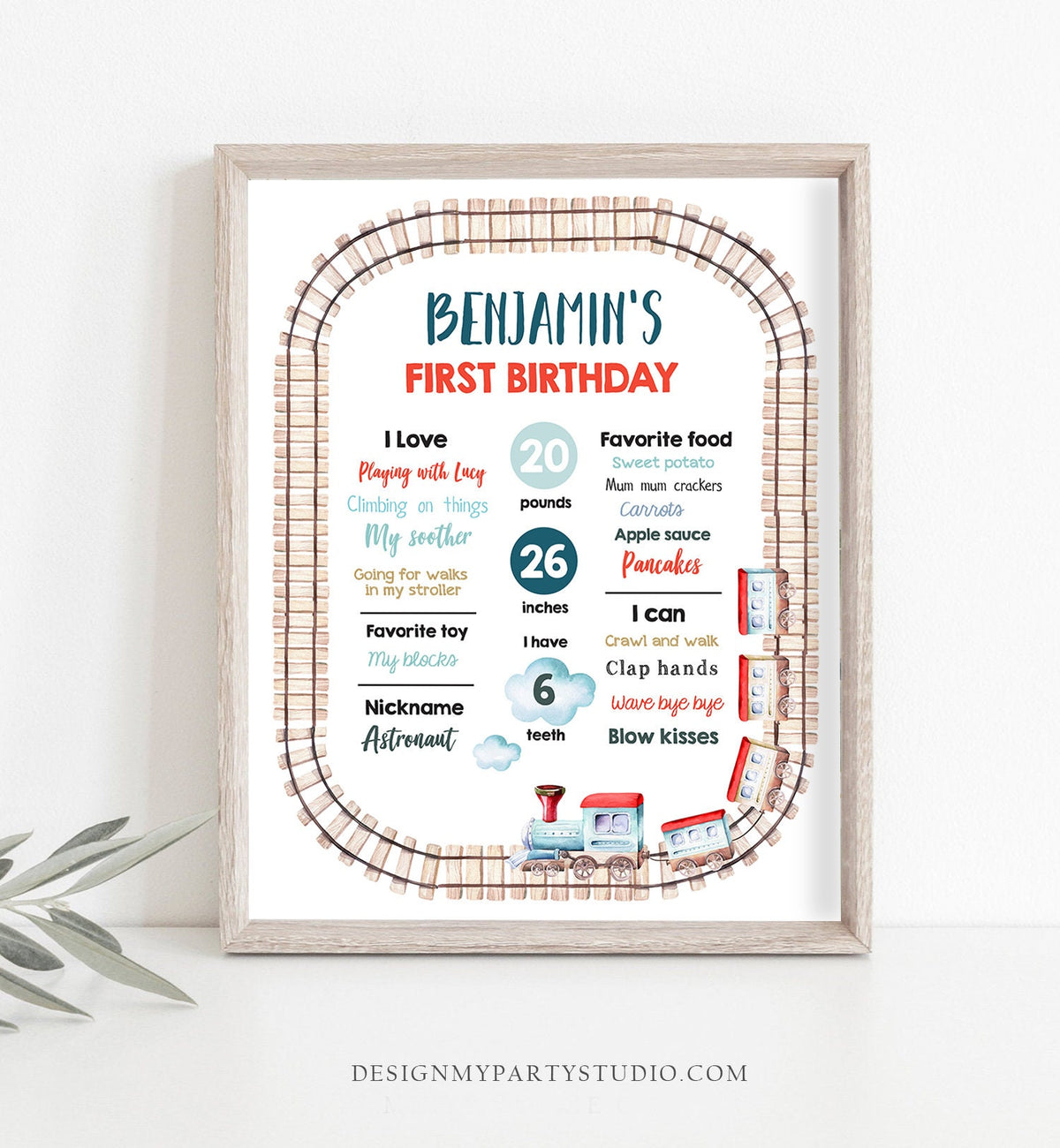 Editable Train Birthday Milestones Sign Vintage Train Party Boy 1st Birthday Railroad Transportation Red Blue Template Printable Corjl 0149