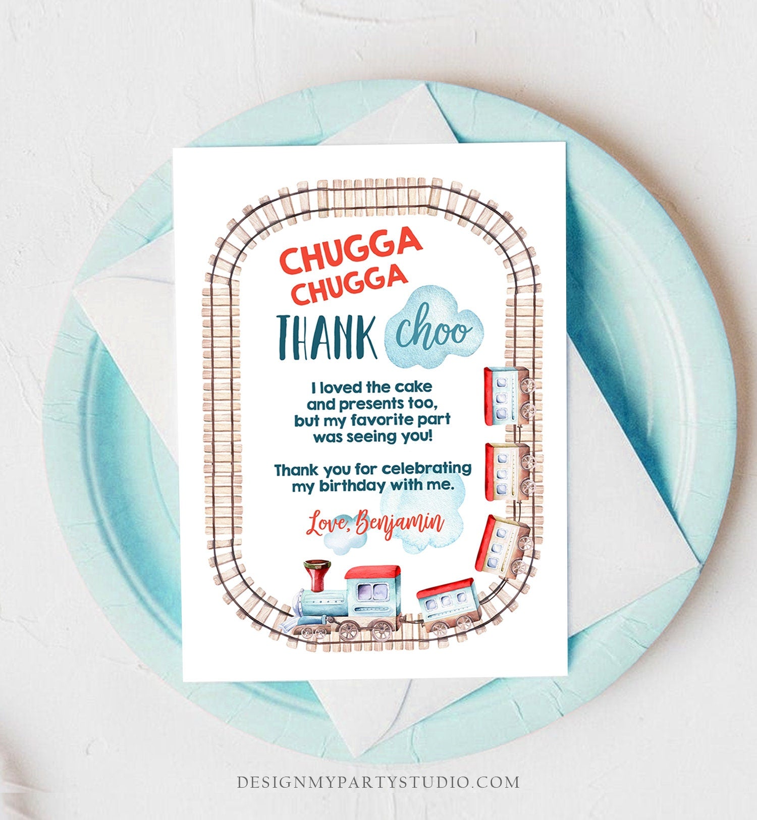Editable Train Thank you Card Railroad Birthday Boy Railroad Thank You Card Vintage Train Digital Download Evite Template Printable 0149