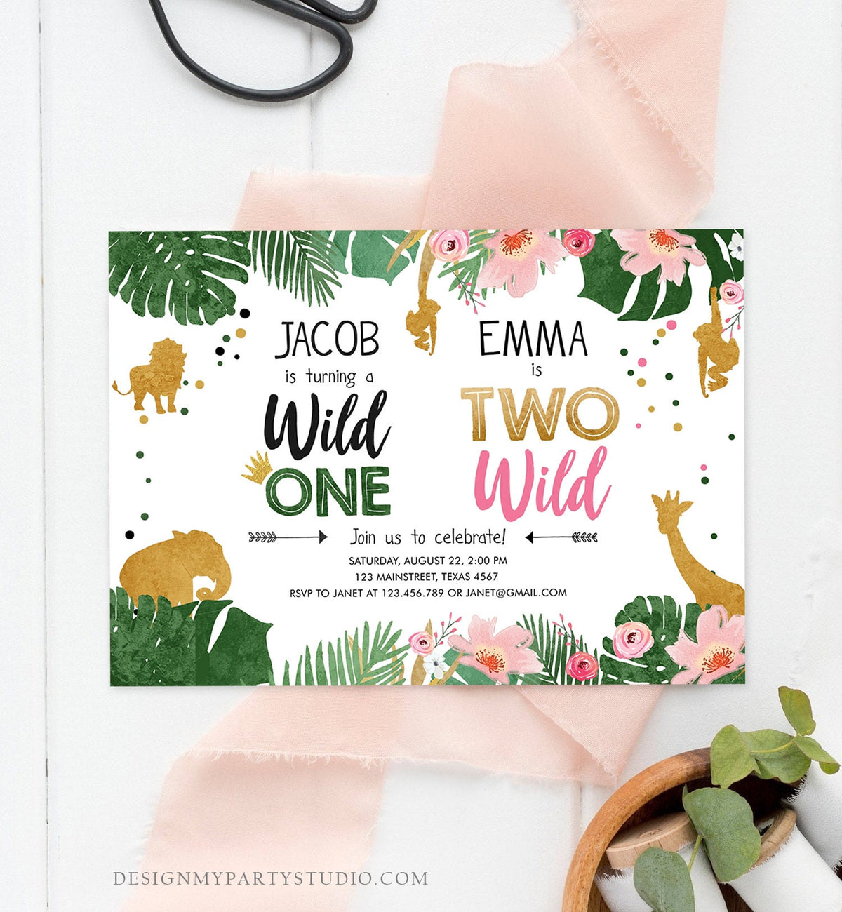 Editable Wild One Two Wild Birthday Invitation Safari Animals Boy Girl First Second Birthday Gold Joint Dual Digital Template Printable 0016
