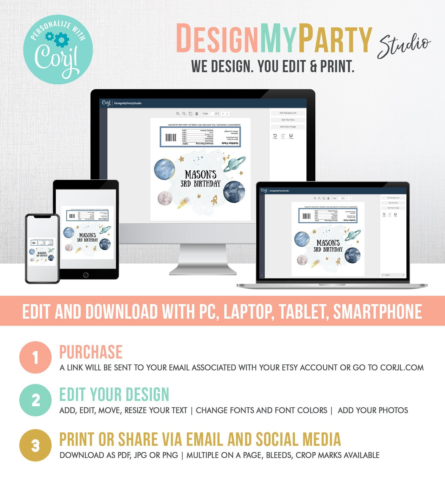 Editable Outer Space Chocolate Bar Labels Candy Bar Wrapper Planets Astronaut Rocket Boy Birthday Download Corjl Template Printable 0357