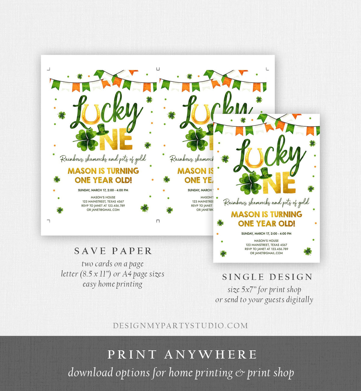 Editable Lucky One Birthday Invitation St. Patrick&#39;s Day First Birthday 1st Boy Shamrock Clover Download Corjl Template Printable 0379