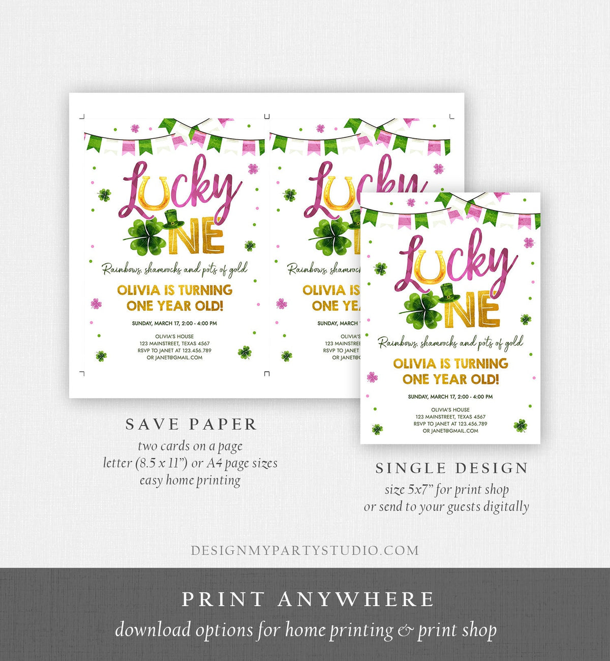 Editable Lucky One Birthday Invitation St. Patrick&#39;s Day First Birthday 1st Girl Pink Shamrock Clover Download Corjl Template Printable 0379