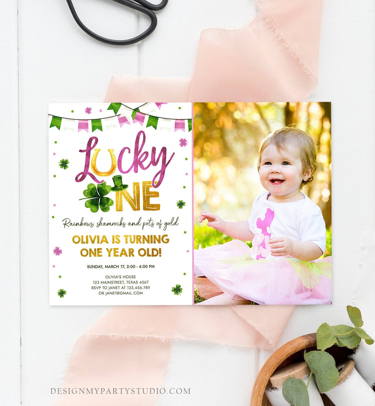 Editable Lucky One Birthday Invitation St. Patrick&#39;s Day First Birthday 1st Girl Pink Shamrock Clover Download Corjl Template Printable 0379