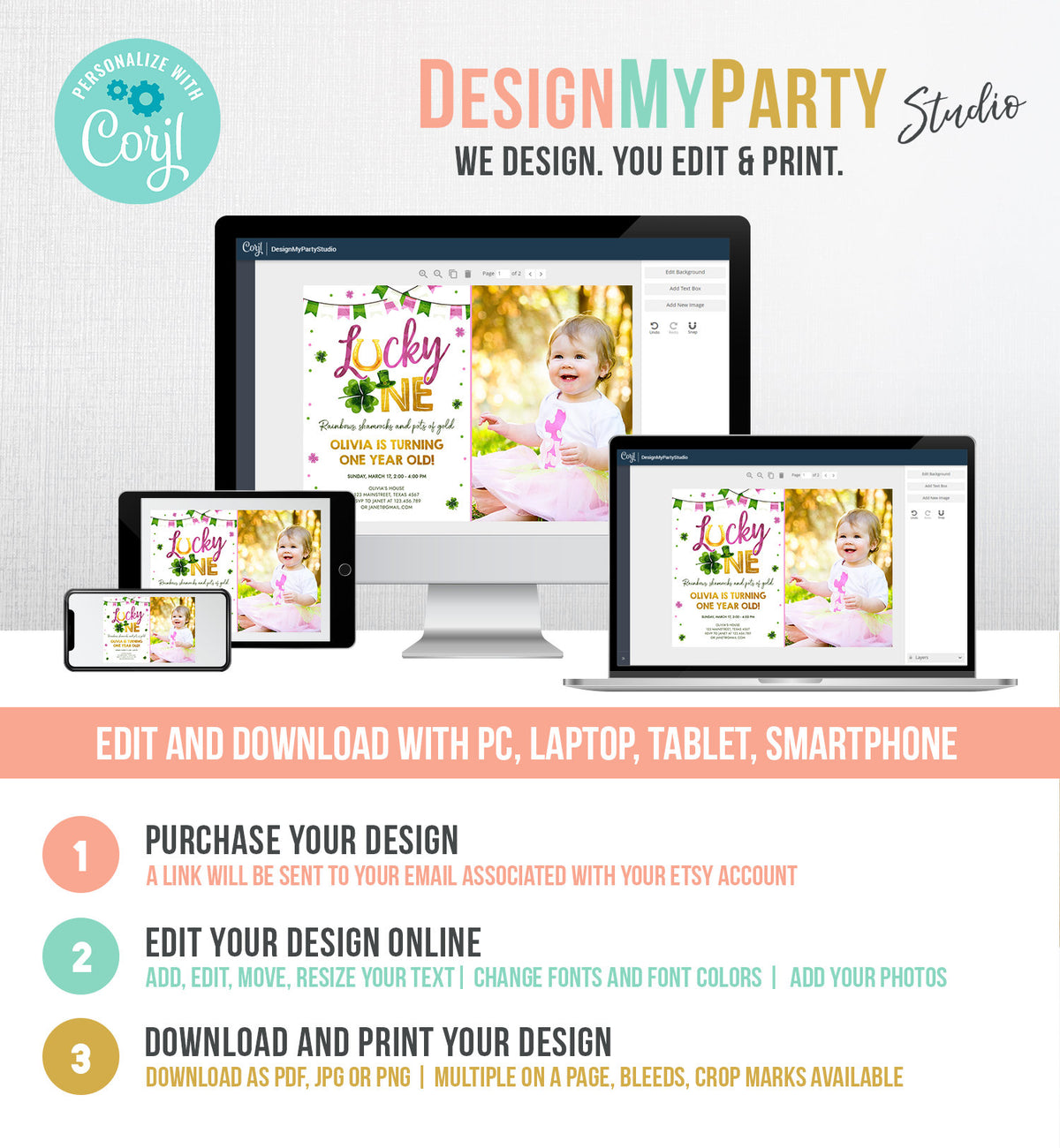 Editable Lucky One Birthday Invitation St. Patrick&#39;s Day First Birthday 1st Girl Pink Shamrock Clover Download Corjl Template Printable 0379