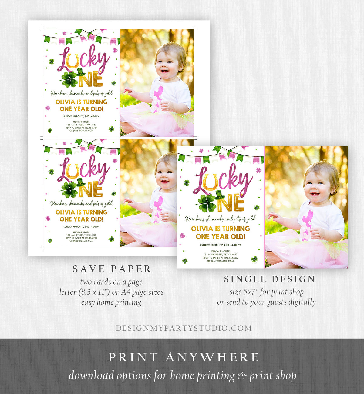 Editable Lucky One Birthday Invitation St. Patrick&#39;s Day First Birthday 1st Girl Pink Shamrock Clover Download Corjl Template Printable 0379