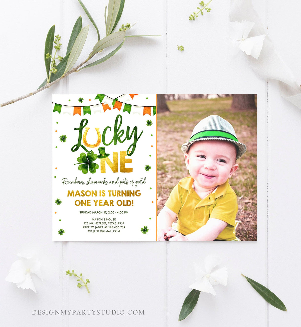 Editable Lucky One Birthday Invitation St. Patrick&#39;s Day First Birthday 1st Boy Shamrock Clover Download Corjl Template Printable 0379