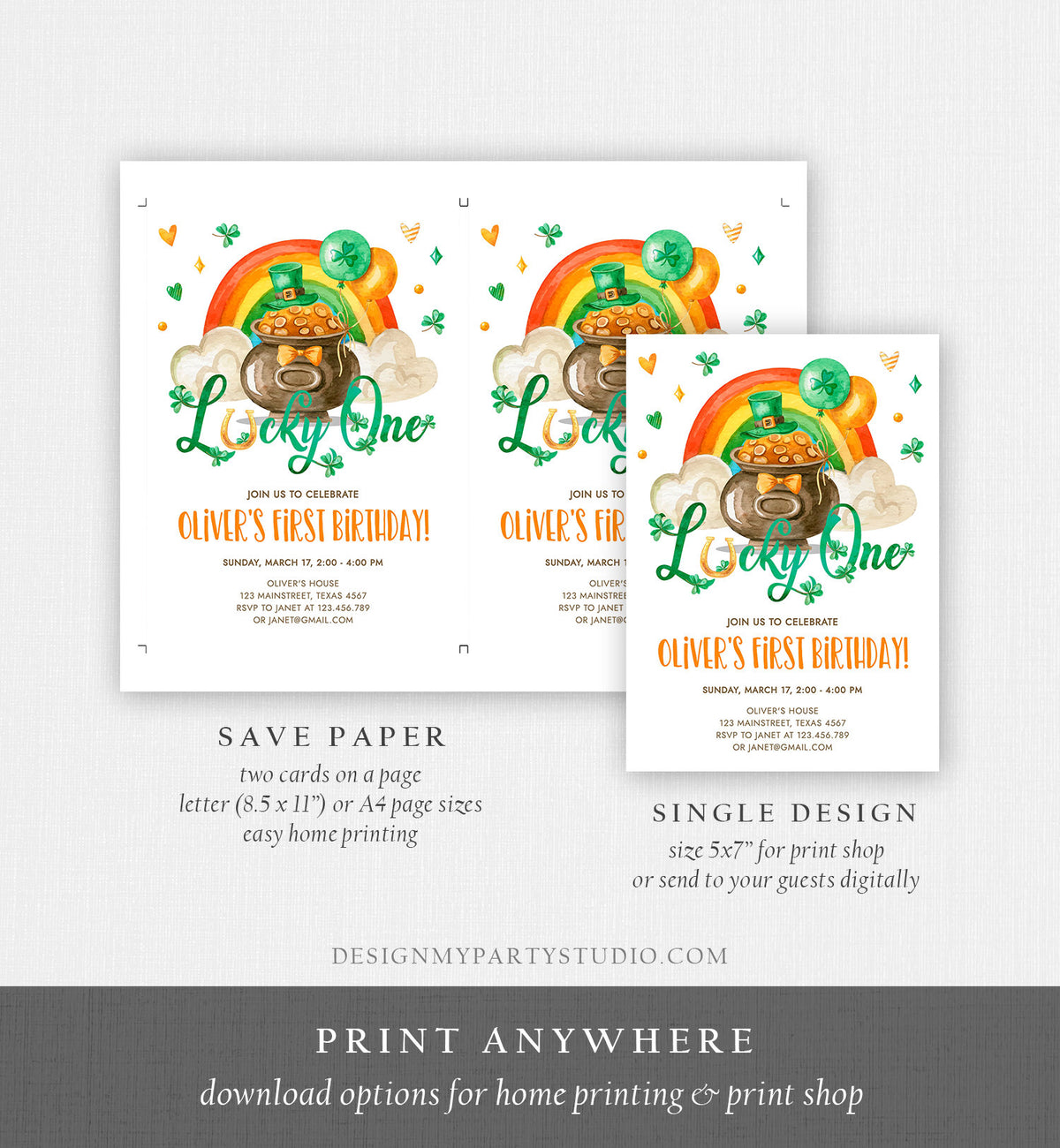 Editable Lucky One Birthday Invitation St. Patrick's Day First Birthday 1st Boy Shamrock Clover Download Corjl Template Printable 0380