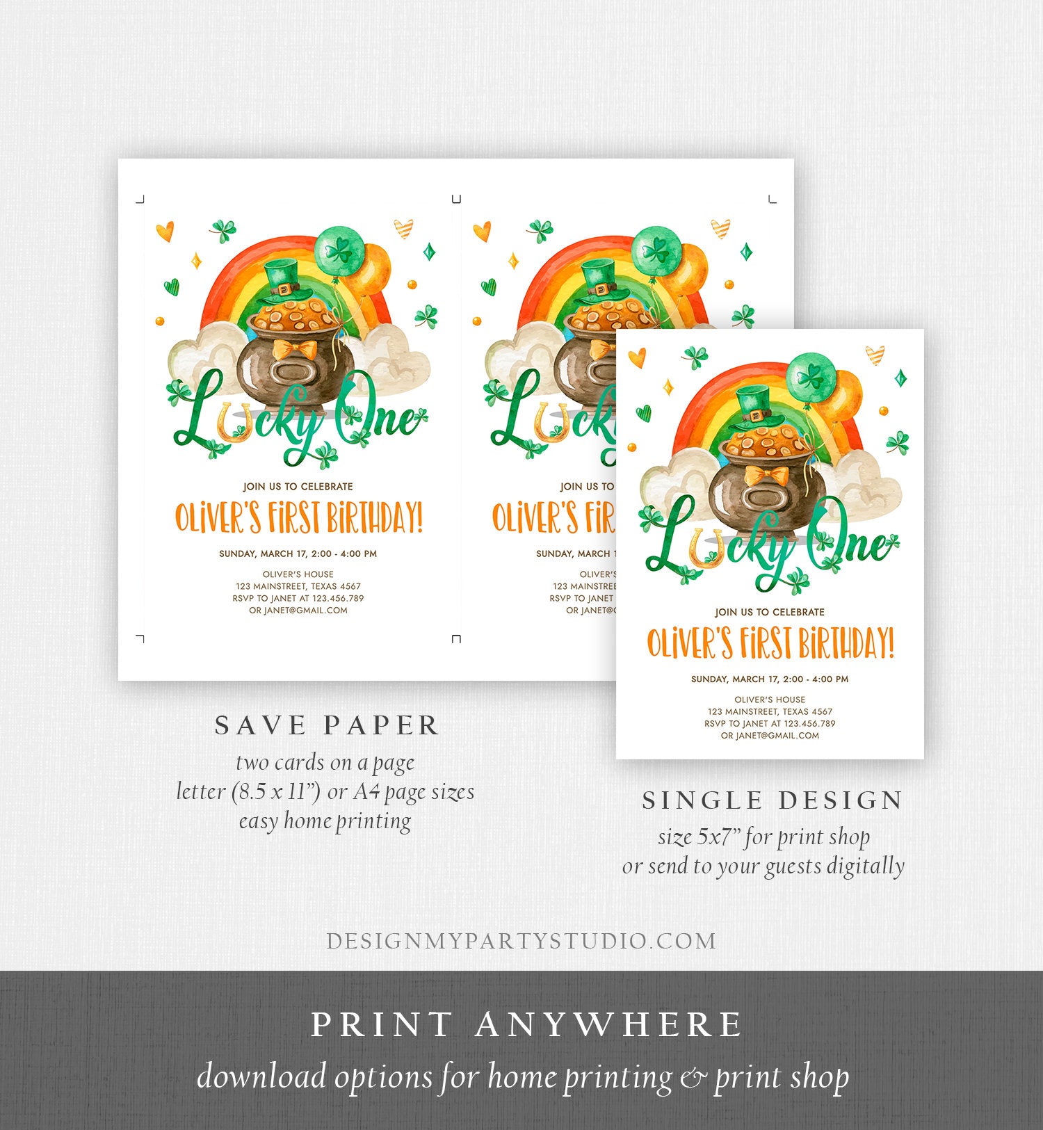 Editable Lucky One Birthday Invitation St. Patrick's Day First Birthday 1st Boy Shamrock Clover Download Corjl Template Printable 0380