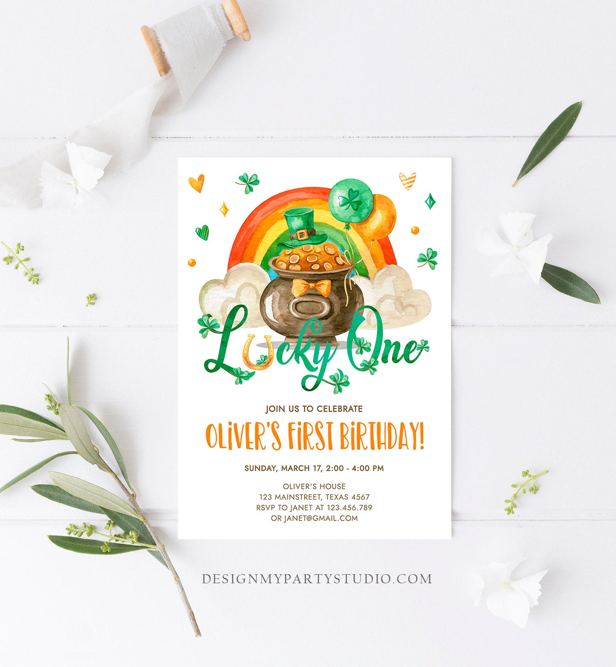 Editable Lucky One Birthday Invitation St. Patrick's Day First Birthday 1st Boy Shamrock Clover Download Corjl Template Printable 0380