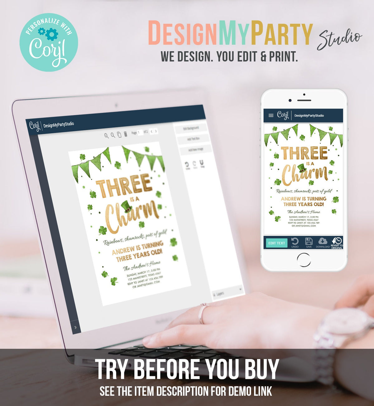 Editable St. Patrick&#39;s Day Birthday Invitation Three is a Charm Shamrock Clover St Patricks Day Third Birthday 3rd Boy Corjl Printable 0115