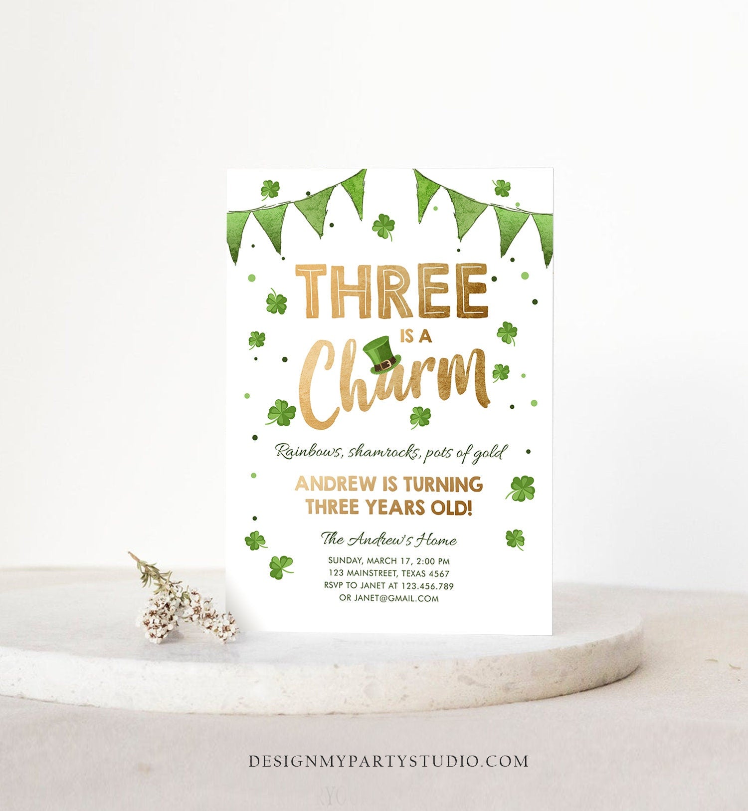 Editable St. Patrick's Day Birthday Invitation Three is a Charm Shamrock Clover St Patricks Day Third Birthday 3rd Boy Corjl Printable 0115