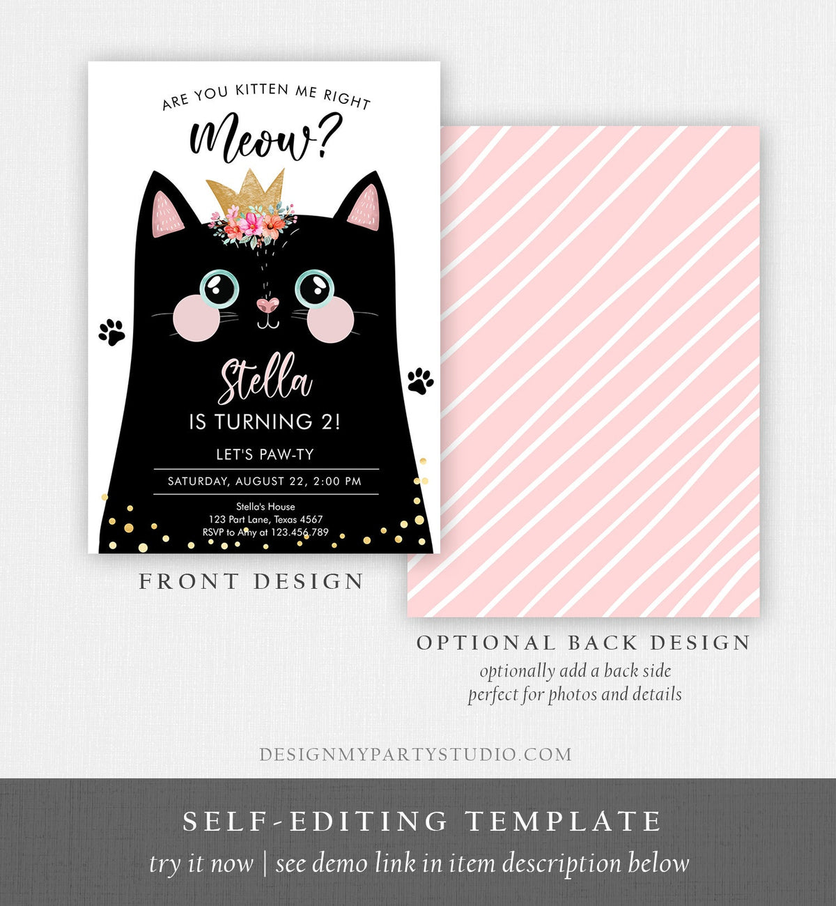 Editable Kitten Birthday Invitation Kitty Cat birthday Party Cat Invite Are You Kitten Me Black Girl Download Printable Digital Corjl 0381