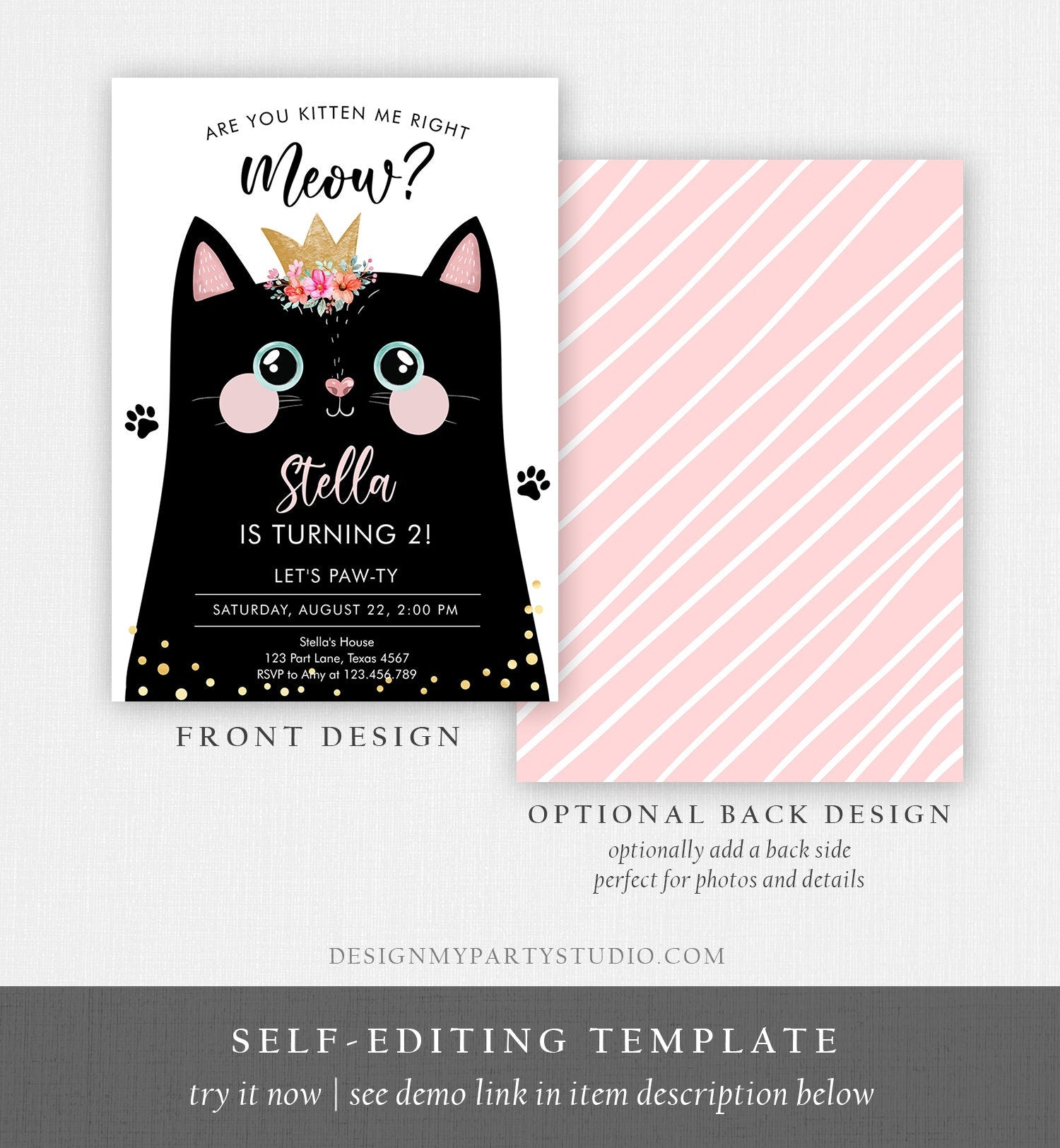 Editable Kitten Birthday Invitation Kitty Cat birthday Party Cat Invite Are You Kitten Me Black Girl Download Printable Digital Corjl 0381