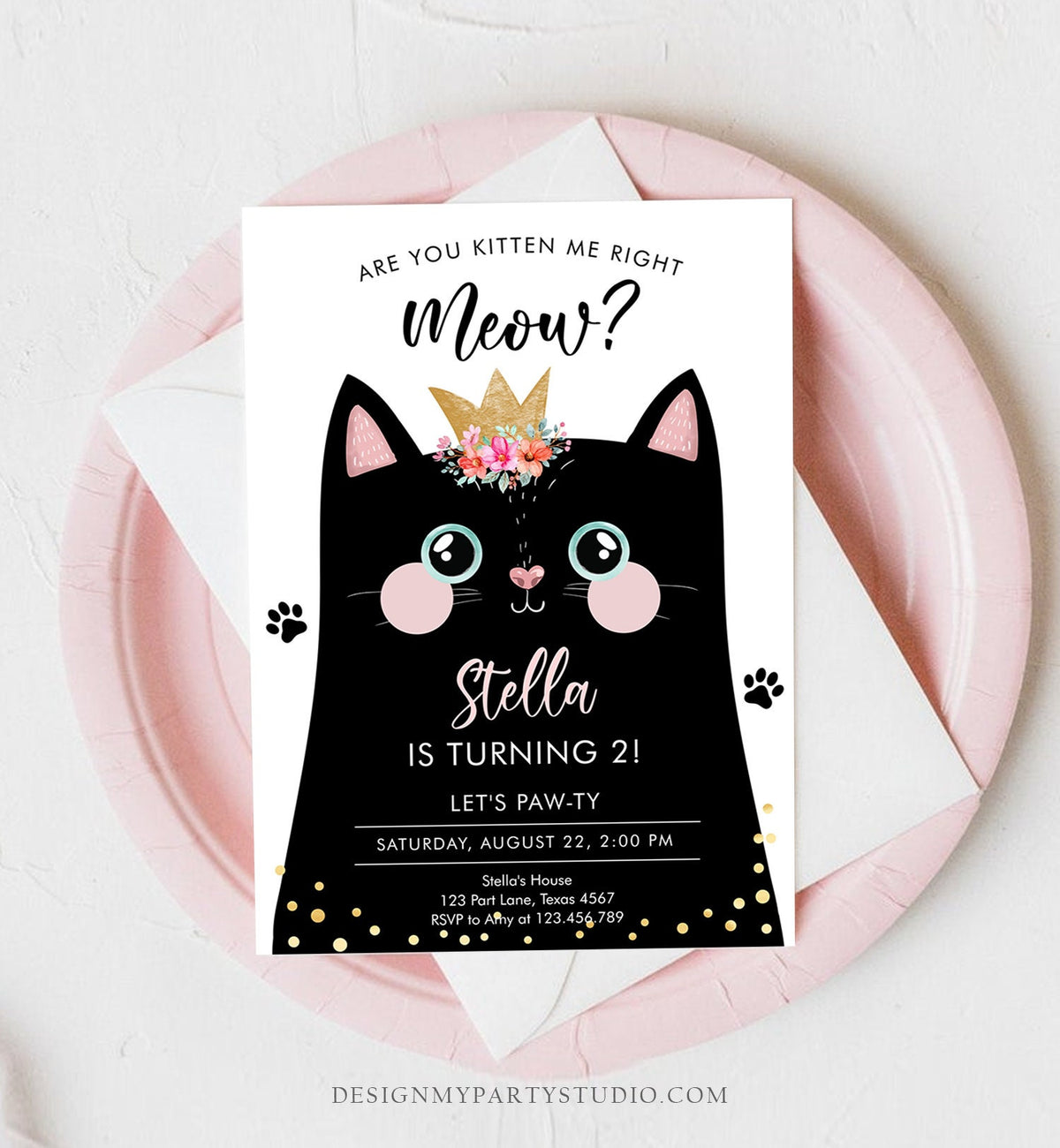 Editable Kitten Birthday Invitation Kitty Cat birthday Party Cat Invite Are You Kitten Me Black Girl Download Printable Digital Corjl 0381