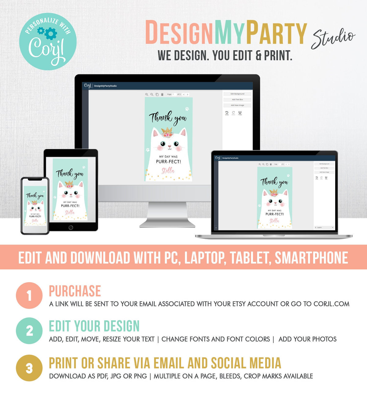 Editable Kitten Birthday Favor Tags Kitty Birthday Thank You Label Cat Party Gift Girl Purrfect Digital Download Template Printable 0381