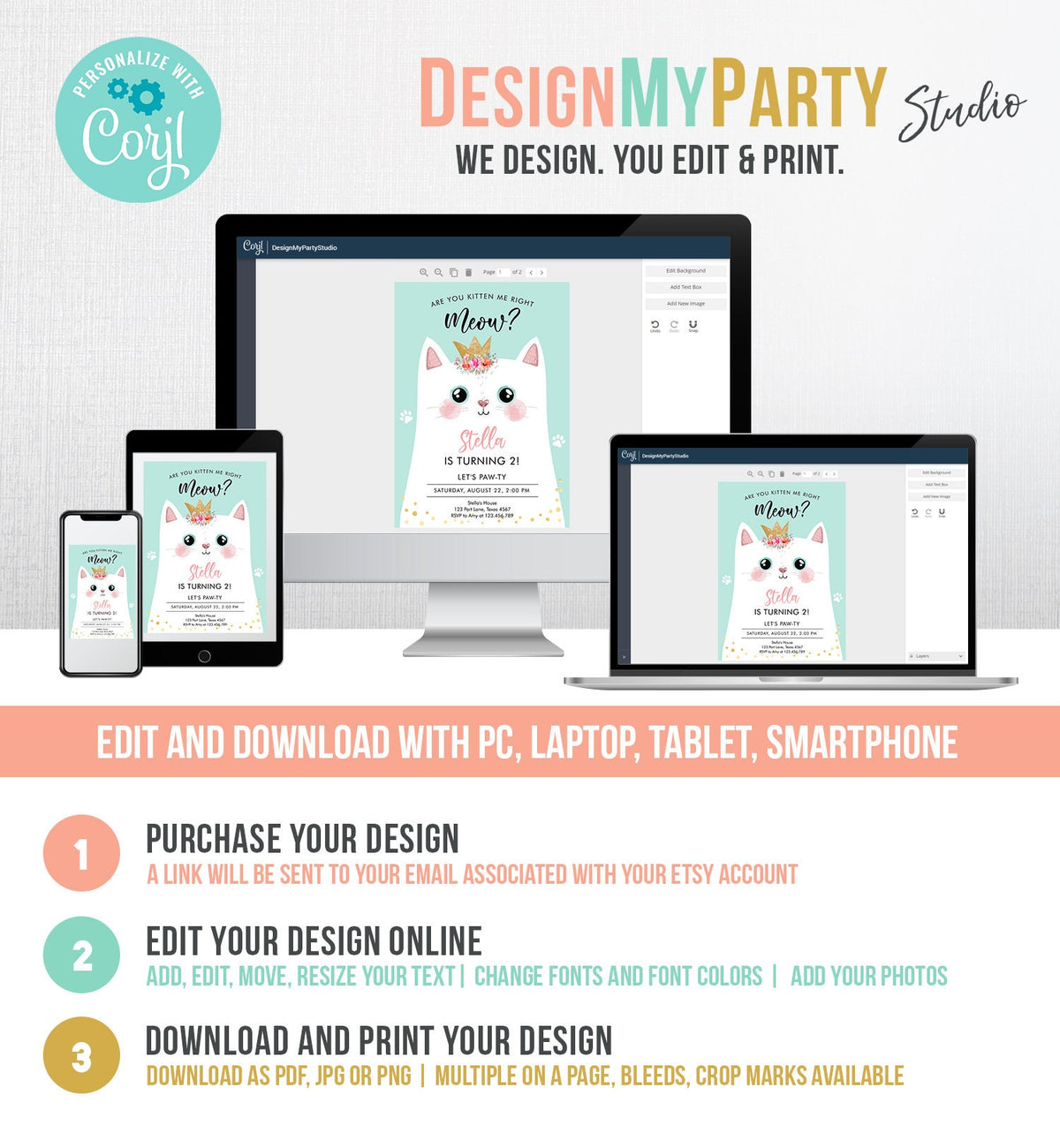 Editable Kitten Birthday Invitation Kitty Cat birthday Party Cat Invite Are You Kitten Me Teal Girl Download Digital Evite Printable 0381