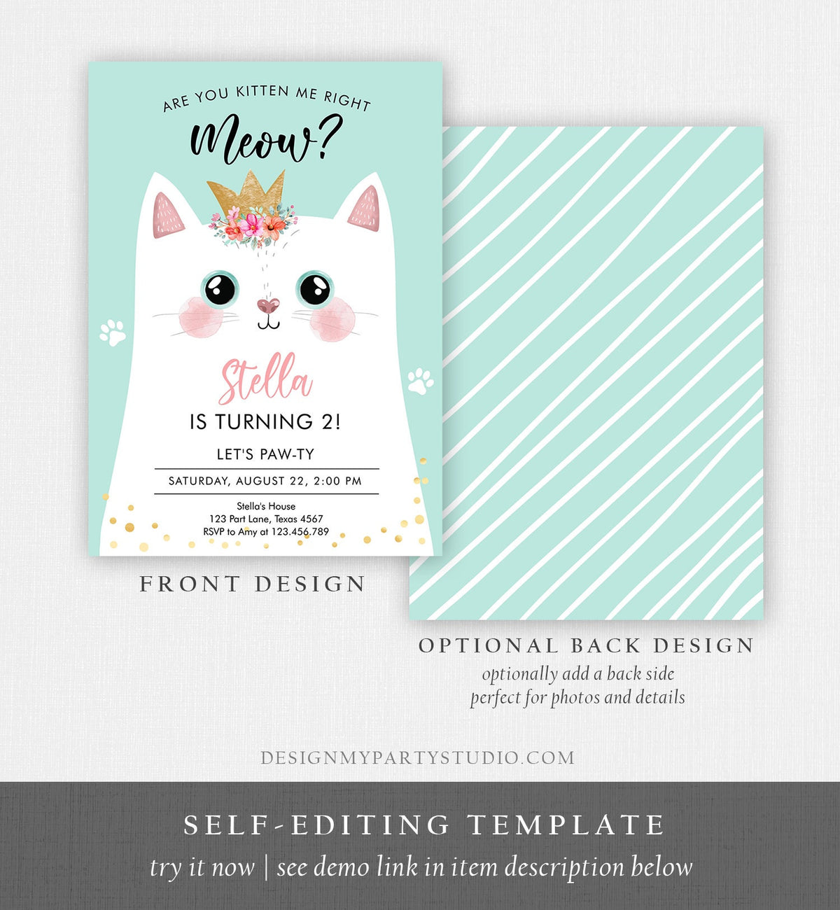 Editable Kitten Birthday Invitation Kitty Cat birthday Party Cat Invite Are You Kitten Me Teal Girl Download Digital Evite Printable 0381
