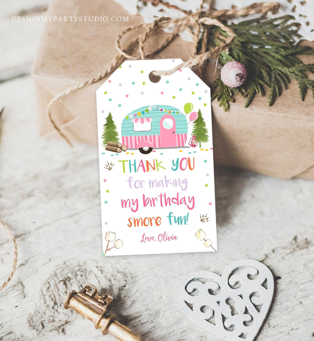 Editable S&#39;more Fun favor Tags Thank you Happy Camper Birthday Party Favor Tags Smore Fun Camping Girl Pink Purple Template PRINTABLE 0342