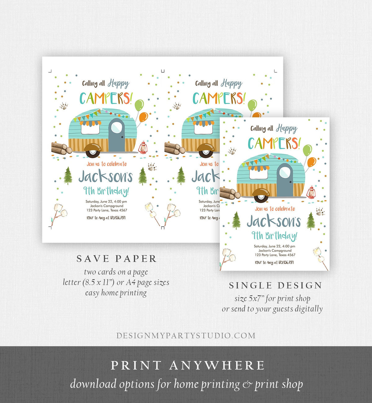 Editable Happy Camper Birthday Invitation Boy Birthday Camping Party S&#39;more Forest Glamping Download Printable Template Digital Corjl 0342