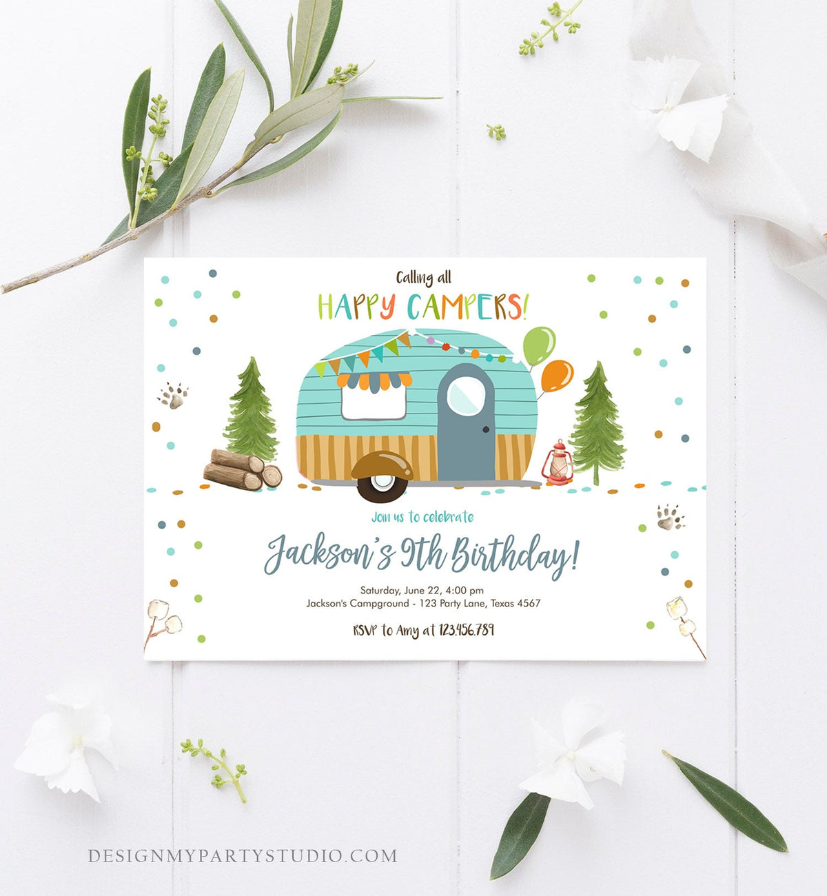 Editable Happy Camper Birthday Invitation Boy Birthday Camping Party S&#39;more Forest Glamping Download Printable Template Digital Corjl 0342
