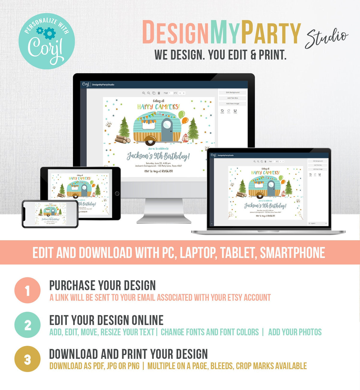 Editable Happy Camper Birthday Invitation Boy Birthday Camping Party S&#39;more Forest Glamping Download Printable Template Digital Corjl 0342